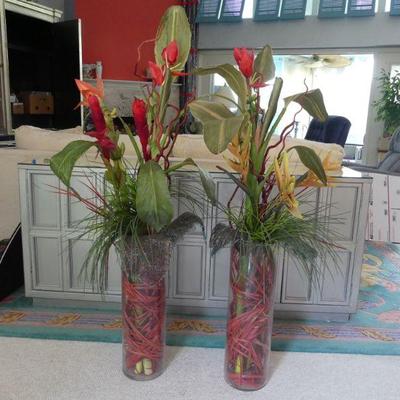 Beautiful Pair of Tropical Floor Floral Arrangements in Cylinder Vases - Vase: 7" Diameter x 24" Tall