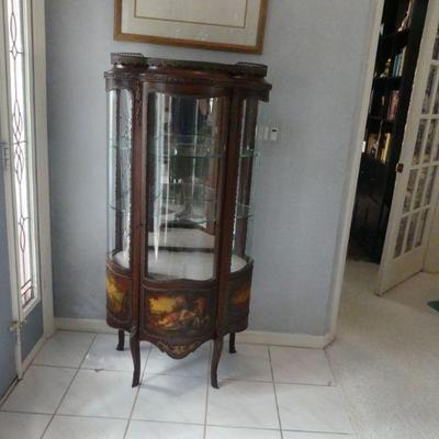 Vintage Louis XVI Style Serpentine Curio Cabine with Cabriolet Legs, Mirror Back & 2 Glass Shelves - 28" x 57" x 17"