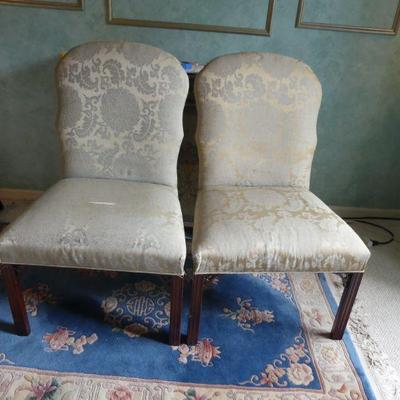 Vintage (Possibly Antique) Brocade Upholstered Tall Back Pair of Side Chairs