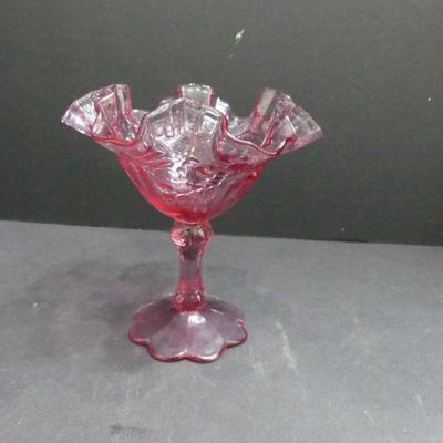 Vintage Fenton "Cabbage Rose" Cranberry/Dusty Pink Ruffle Rim Compote