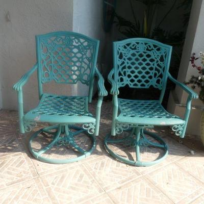 Vintage Pair of Wrought Iron Swivel Rocker Patio Chairs