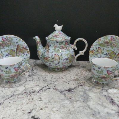 Vintage Jay & Sons Bird & Flower Design Porcelain Teapot & (2) Teacup/Saucer Sets
