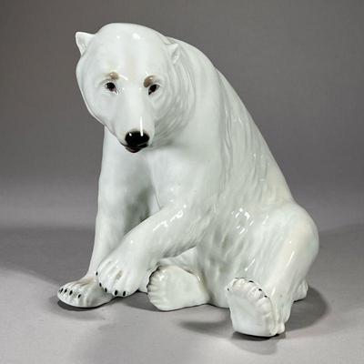WHITE CERAMIC BEAR | White ceramic bear marked with E and a crown on top. In Great condition with a bit of aging towards the bottom. - l....