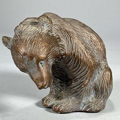 WESTERN ORIGINALS BRONZE PAINTED BEAR FIGURINE | Showing seated bear, bronze painted ceramic marked on back “Western Originals”. - l. 7 x...