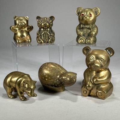 (6pc) BRASS BEARS | Including: 4 brass teddy bear figurines with 1 coin bank, Indian brass bear figurine, and other brass bear. - l. 3.5...
