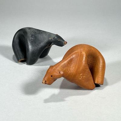 PAIR DERU GERMAN LEATHER BEAR FIGURES | One black and one brown; Each made from stitched very thick leather and impressed “DERU /...