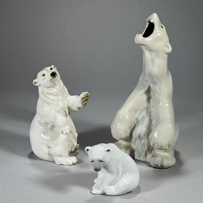 (3pc) WHITE PORCELAIN BEARS | Including two standing bears, one from Germany, and a Lladro seated polar bear with sad expression. - h. 11...