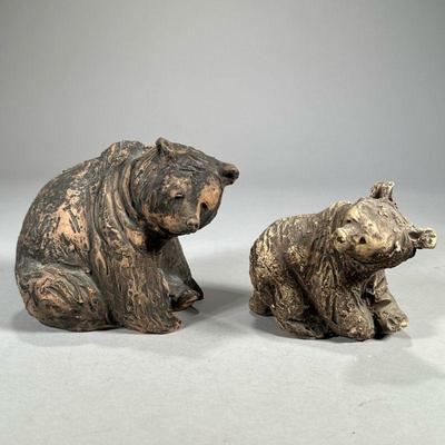 (2pc) PAIR CERAMIC BEAR FIGURINES | Clay bear figurines, artist marked on bottom. - l. 7 x w. 4.5 x h. 5.5 in

