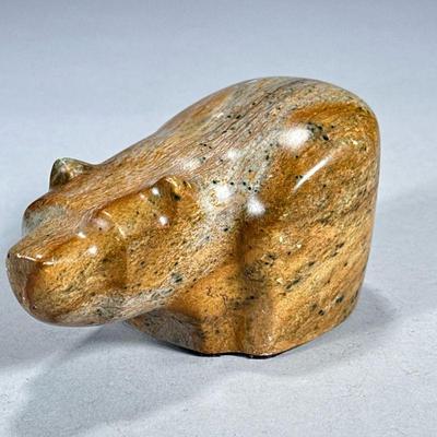SIGNED STONE CARVED BEAR | Carved stone bear figurine signed in bottom “Louis”. - l. 5.5 x w. 3 x h. 3.25 in

