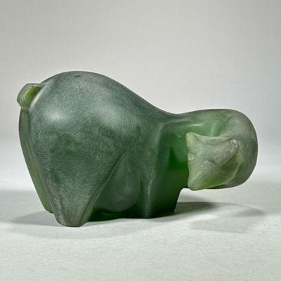 GREEN ACRYLIC BEAR FIGURINE | Molded and sanded/ textured bear figurine with a long sinuous neck. - l. 7.5 x w. 3.75 x h. 4.5 in

