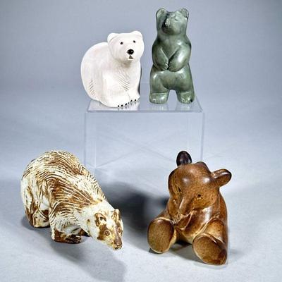 (4pc) MISC CERAMIC BEARS | Including: Arabia Finland seared bear, ceramic polar boar, terracotta bear, and green glazed standing bear...
