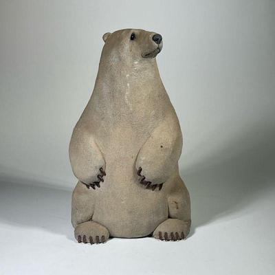 LARGE CONCRETE FORM BEAR | A large concrete form white bear with glass bead eyes and stone carved claws- heavy! - 9 x w. 7.5 x h. 17 in

