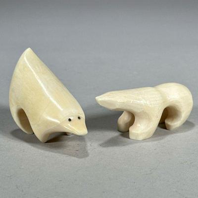 (2pc) BONE CARVED BEARS | 2 bone carved bear figurines. - l. 3.25 x w. 1.5 x h. 2 in


