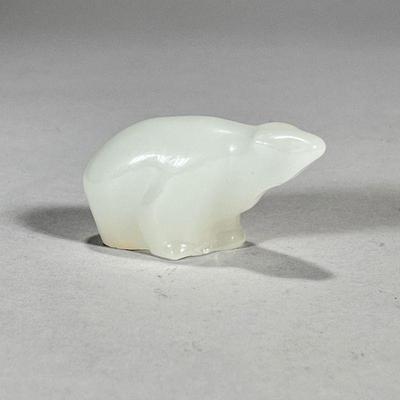 S. CHRISTIAN GLASS POLAR BEAR | White glass bear with tags on the bottom. - l. 3 1/2 x h. 2 1/2 in

