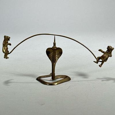 Brass Cobra & Bears Balance | Kinetic sculpture designed as two bears balancing atop a cobra, in two pieces. - l. 7.5 x h. 3 in...
