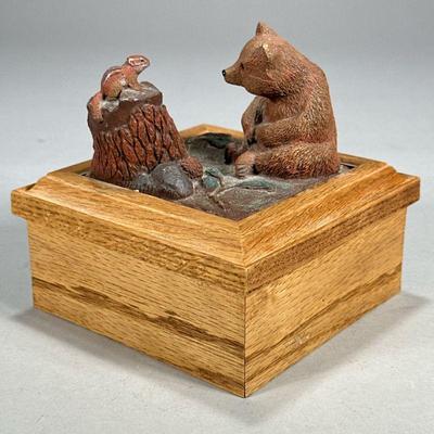 BEAR TRINKET BOX | Carved wood box with ceramic bear cub with squirrel on top. - l. 5.5 x w. 5.5 x h. 5.5 in

