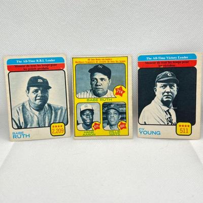 Lot #99 - 1973 O-Pee-Chee (OPC) Baseball Cards. Babe Ruth - Hank Aaron - Cy Young - Willie Mays - Leaders