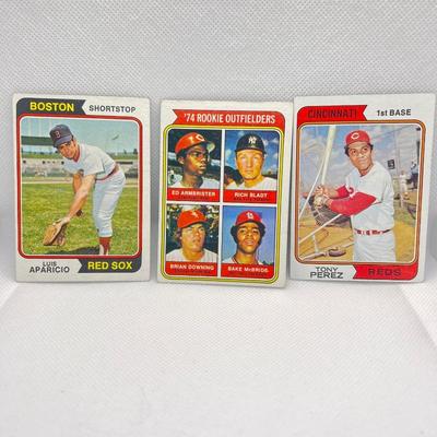 
121. 1974 Topps: #61 Louis Aparicio, Boston Red Sox, # 230 Tony Pérez, Cincinnati Reds & #601 1974 Rookie Outfielders