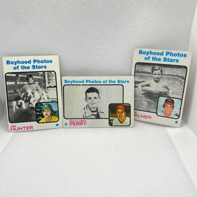  1973 Topps Boyhood Photos of the Stars: # 341 Jim Palmer, Baltimore Orioles; # 344 Jim “Catfish” Hunter, Oakland A’s; #346 Gaylord...