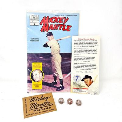 Lot #73 - Mickey Mantle "Western Jeans" Buttons & Tag, Plus Comic Book and Mantle Promo on Becoming a Donor