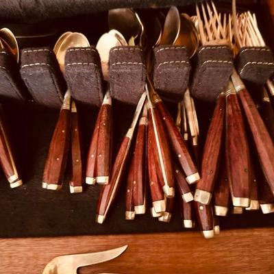Vintage Thailand brass wood handle flatware set 