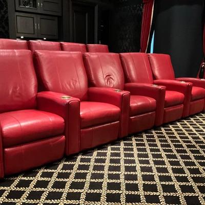 LOTS 824 & 825 Set of Five Each Red Leather Power Reclining Movie Theater Seating