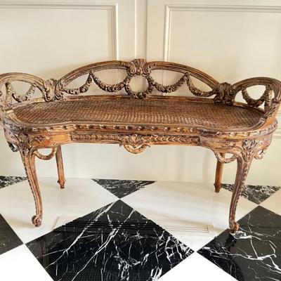 Lot 744Antique French Caned Seat Petite Bench with Cushion 