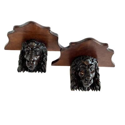 LOT 808 Pair of Antique Carved Black Mahogany Lion He'd Wall Shelves
