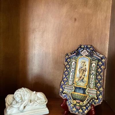 Lot 881 Antique French Gien Faience Fleur Dis Lis Pattern Holy Water Font 1875 Lion of Lucerne