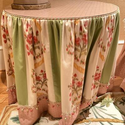 LOT 733 Custom Upholstered Tablecloth w/Glass Top Table. Click here to bid....