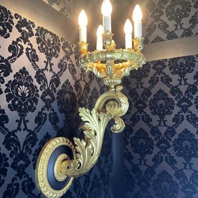 LOT 826 Pair of Gold & Black Roccoco Five Light Wall Sconces. Click here to bid -...