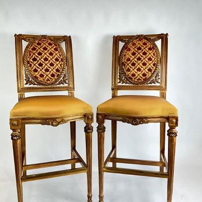 Lot 894,895 Pair of Louis XVI Style Velvet Upholstered Gilt Wood Bar Stools 
