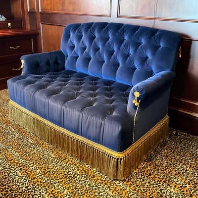 LOT 960 Custom Navy Blue Velvet French Style Tufted Loveseat with Gold Fringe