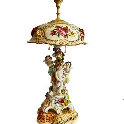 LOT 950 Antique German Dresden Porcelain Cherub Lamp