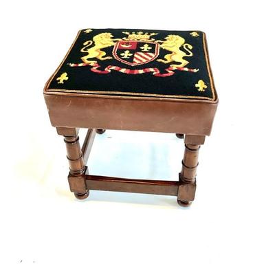 Lot 801 Needlepoint Royal Coat of Arms Leather & Wool Stool