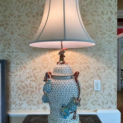 Lot 924 Pair of Signed Capodimonte Floral Encrusted Bird Lamps 