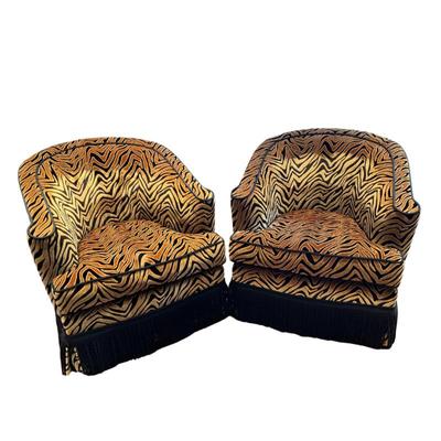 LOT 796 Pair of Custom Upholstered Tiger Print Swivel Club Chairs. Click here to bid -...