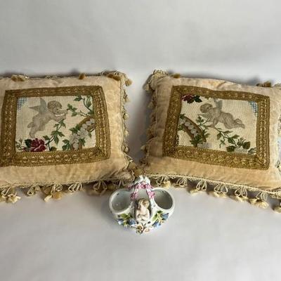951 Pair of Needlepoint Pillows w/Cherub Porcelain Basket 
