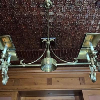 LOT 973 French Empire Brass Swan Tole Shade Ceiling Billiard Lamp. Click here to bid -...