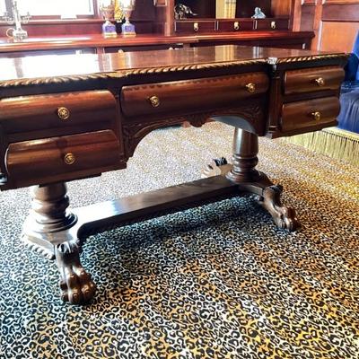 Lot 964 Antique Empire Mahogany Partners Desk with Paw Feet 