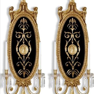 LOT 915 Pair of Gold Gilt & Black French Style Decorator Quality Electric Wall Sconces