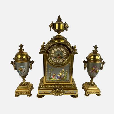 19th Century French porcelain & Ormolu Clock Garniture Three Piece Set