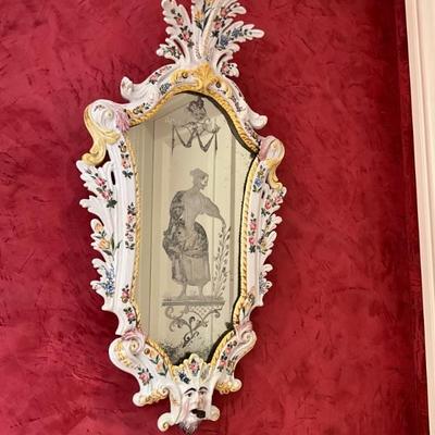 LOT 918 Pair of Antique Italian Faience Etched Porcelain Mirrors