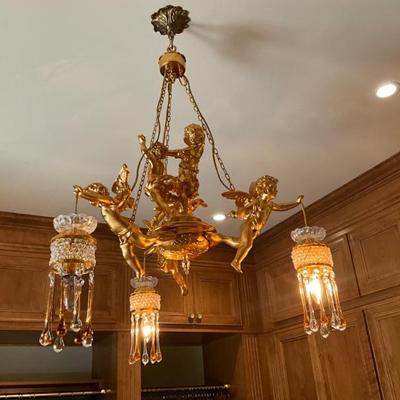 LOT 983 Vintage French Putti Gilt Brass Crystal Chandelier