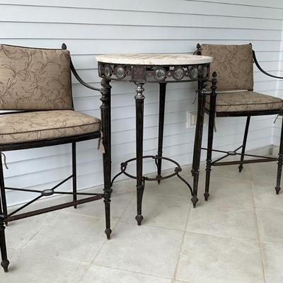 945 Vintage Maitland Smith Wrought Iron and Marble Top Bar Table and Stools Set 
