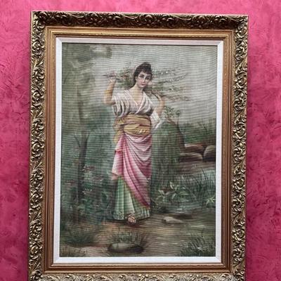 907 Vintage Lady Painting on Linen in Gold Gilt Frame 