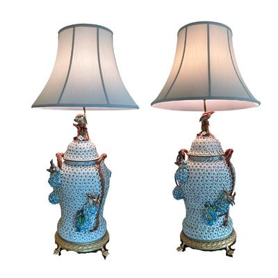 Lot 924 Pair of Signed Capodimonte Floral Encrusted Bird Lamps 