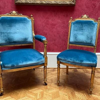 LOT 908 Antique French His & Hers Blue Velvet Parlour Chairs