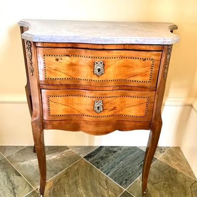 938 Antique Louis XVI Transitional Style Walnut Marble Top Commode 