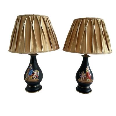 LOT 793 Pair of Vintage Painted Transfer Printed Vase Mounted Porcelain Lamps. Click here to bid -...